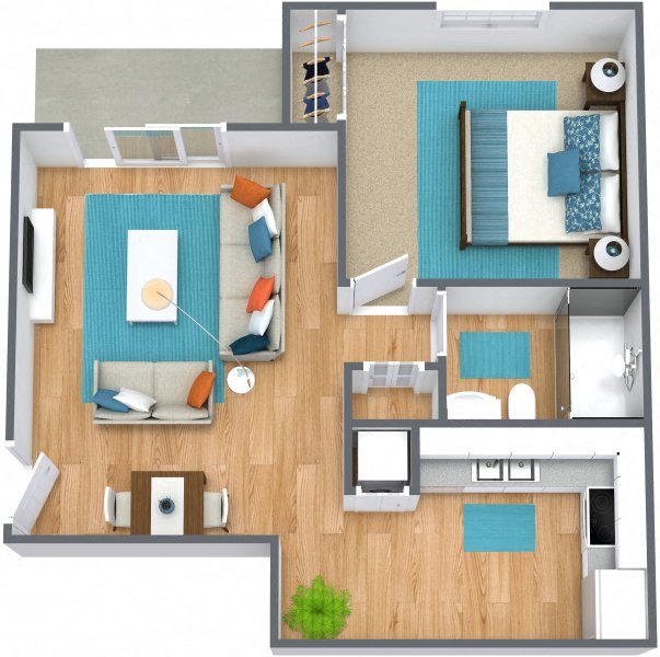 Three dimensional rendering of a one bedroom floor plan at Johnson Med Center apartments in Kansas, Kansas